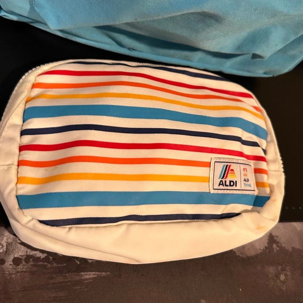 Aldi Gear Retro Rainbow Swirl Backpack and Striped Belt Bag Set Blue White